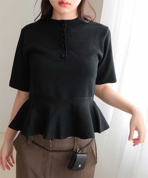 【美品】maje 半袖ニット miette（ミエット） ニット セーター くるみ釦ペプラム半袖ニット