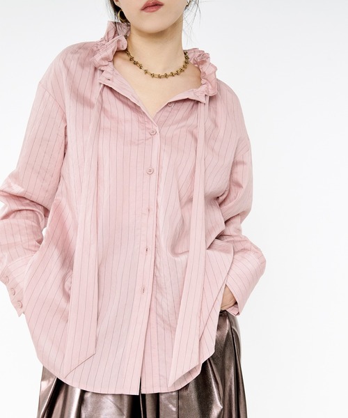 Ezick ブラウス シャツ Pinstripe frill bow-tie blouse ピン
