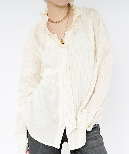 Ezick ブラウス シャツ Pinstripe frill bow-tie blouse ピン