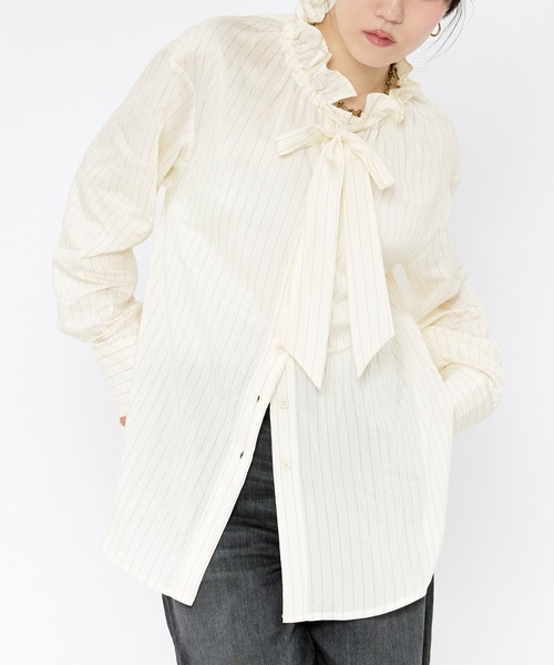Ezick ブラウス シャツ Pinstripe frill bow-tie blouse ピン
