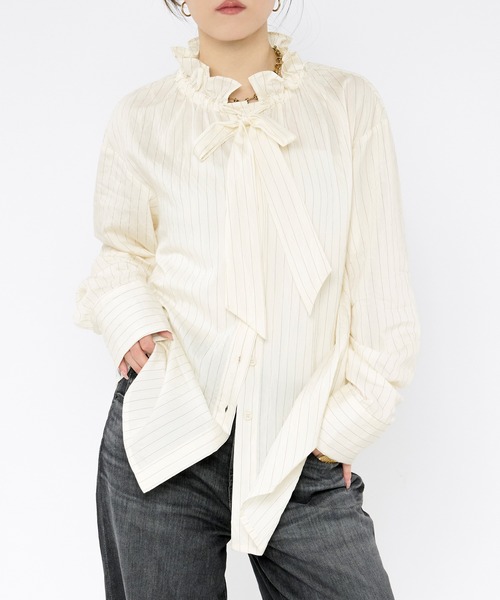 Ezick ブラウス シャツ Pinstripe frill bow-tie blouse ピン 