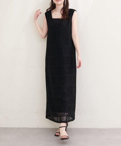 エポカ★ノースリーブエレガント黒ワンピース★裾レース★size40 natural couture ワンピース 「Erikoコラボ」前後2WAYレース