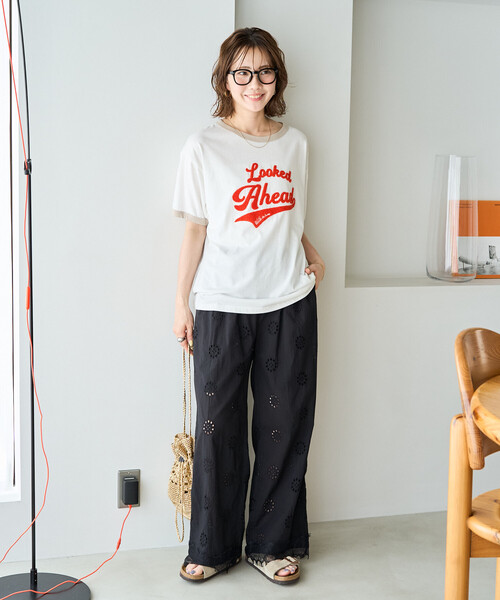 ワイドパンツ パンツ 限定展開　カットワーク 刺繍 ルーズパンツ レディースの画像