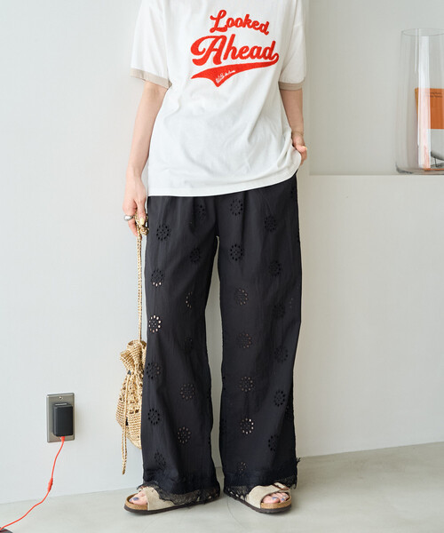 ワイドパンツ パンツ 限定展開　カットワーク 刺繍 ルーズパンツ レディースの画像