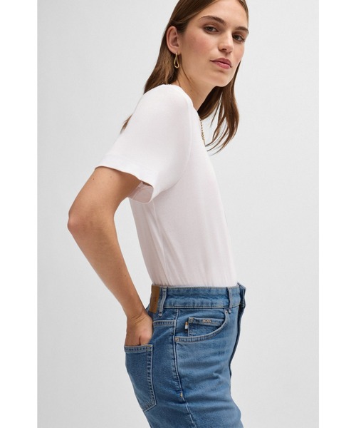ジーンズ デニム デニムパンツ ハイウエスト クロップドジーンズ ブルー コンフォートストレッチデニム レディースの画像