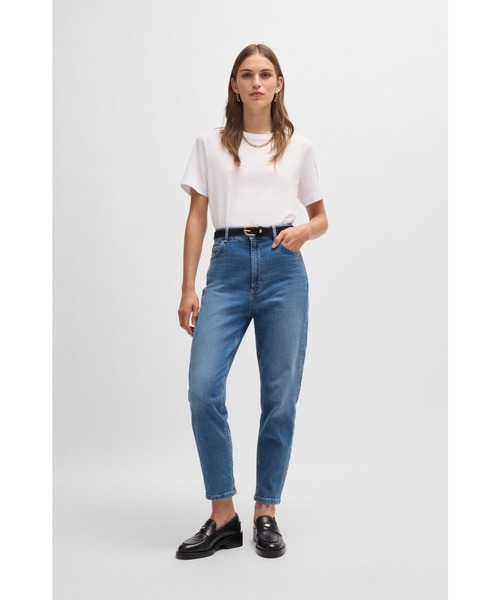 ジーンズ デニム デニムパンツ ハイウエスト クロップドジーンズ ブルー コンフォートストレッチデニム レディースの画像