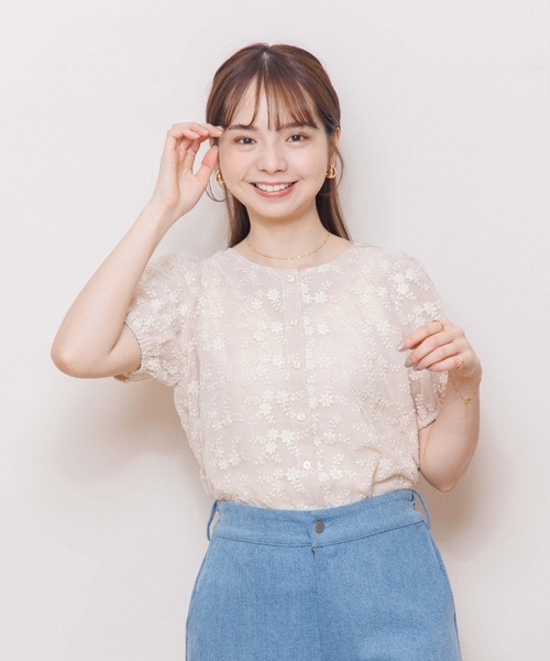 flower トップス forksy.】フラワーレースシアートップス/サッカーシャツ forksy
