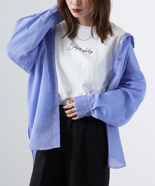 aeae ネイビー 長袖Tシャツ 長袖 オーバーサイズド コットン Tシャツ Multi Border ネイビー