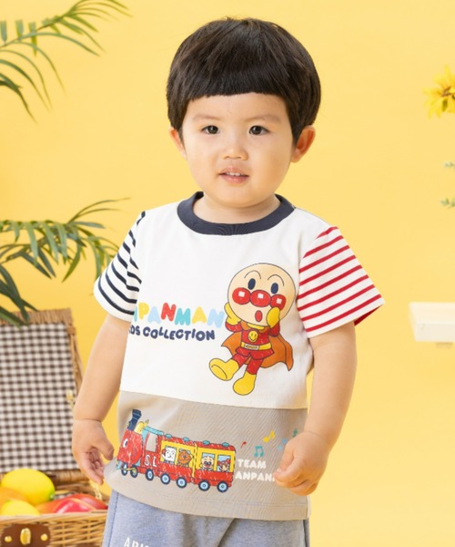 Tシャツ　集合 ボーダー長袖Tシャツ ピンク×ホワイト 120cmサイズ 「アンパンマン」 アンパンマンこどもミュージアム限定 アンパンマンボーダー切替Tシャツ｜アイテム｜アンパンマン