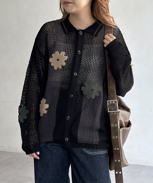 pois ポワメッシュカーディガン　ブラック SINSS ポロシャツ Mesh knit polo cardigan / メッシュ