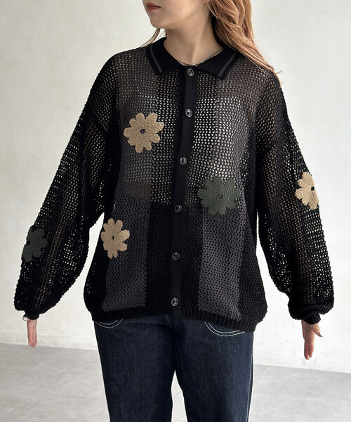 大人気完売　Pois ポワ ♡ メッシュ カーディガン ブラック CPCM カーディガン フラワーサガラメッシュカーディガン
