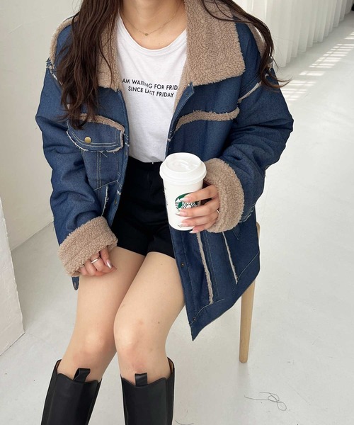 キルティング デニムボア 切り替えレイヤード gジャン ミリタリーコート