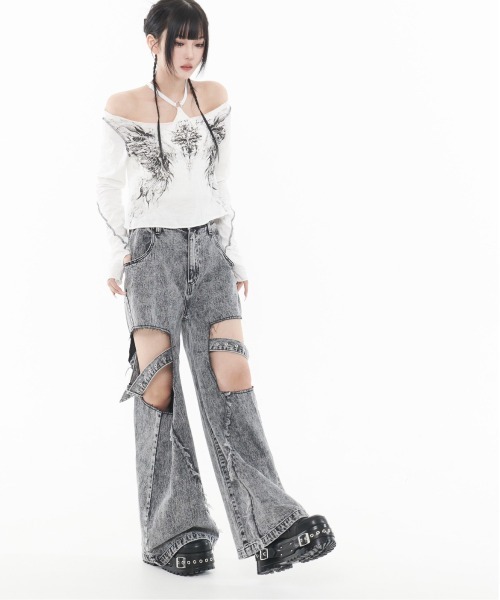 【最終値下げ】REFLEM カッティングデニムパンツ ブラック FREE REFLEM ジーンズ デニム デニムパンツ 「REFLEM/レフレム