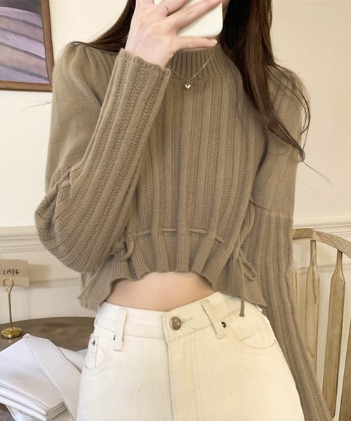 Dewlily ニット セーター 裾リボンクロップドニット レディース