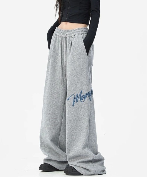 ロゴ ワイドスウェットパンツ S〜L ストリートカジュアル SHEENA スウェットパンツ ジャージ 刺しゅうロゴスウェット