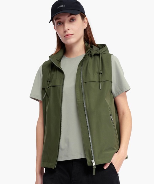 ベスト ジレ 防風 透湿 撥水 防水 WINDSTOPPER ウインドストッパー スリーブレスジャケット ミリタリーベスト フード脱着可 レディース