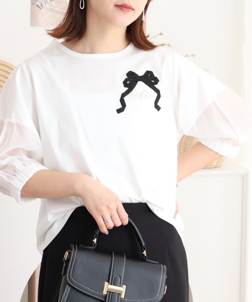 tシャツ Anna Nicola リボンモチーフトップス 袖シアーカットソー レディース