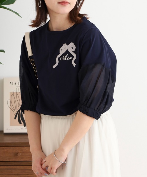 tシャツ Anna Nicola リボンモチーフトップス 袖シアーカットソー レディース Anna Nicola tシャツ リボンモチーフトップス 袖シアー