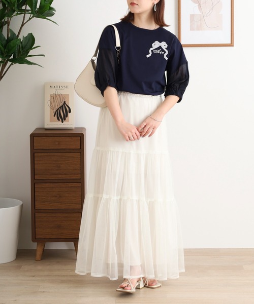 tシャツ Anna Nicola リボンモチーフトップス 袖シアーカットソー レディース Anna Nicola tシャツ リボンモチーフトップス 袖シアー