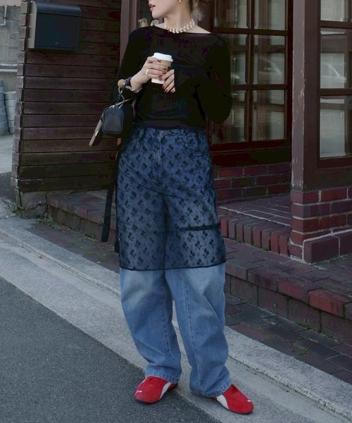 HEILIS スカート 花柄レーススカート/ブラック ホワイト 春服