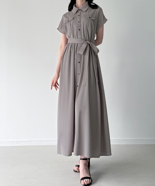 JENNE シャツワンピース ウエストリボンあり JUNOAH（ジュノア） シャツワンピース ウエストリボンフレアシャツ