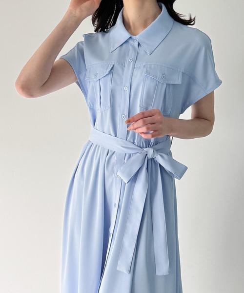 うさとの服　藍シャツワンピース 半袖 ウエストリボン付き SSサイズあり】カシュクールウエストリボンワンピース | シャツ