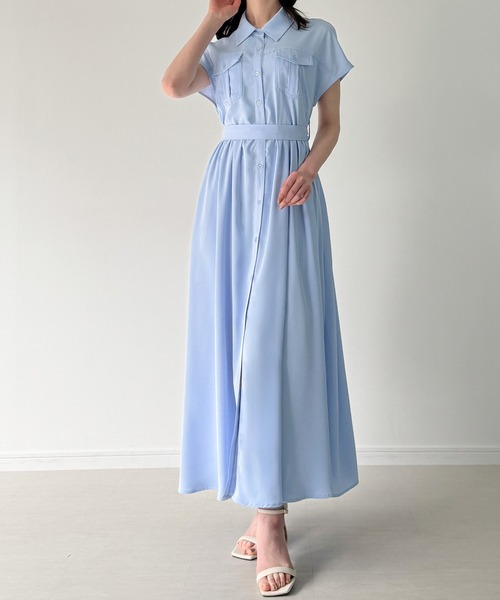 JUNOAH（ジュノア） シャツワンピース ウエストリボンフレアシャツ