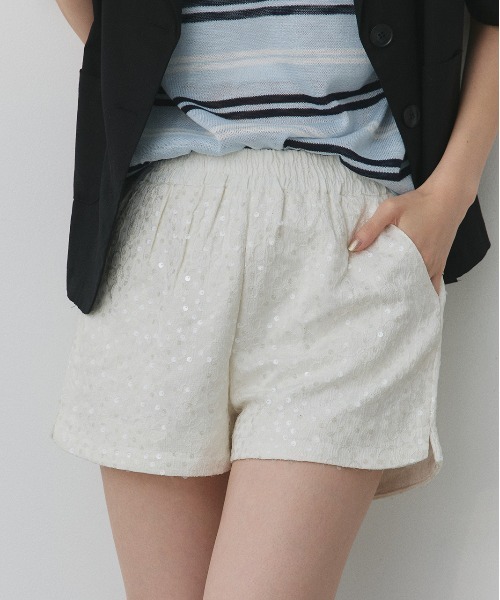 ad thie パンツ スパンコール フラワー ショートパンツ