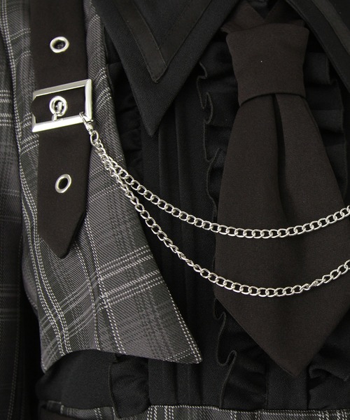 ジャケット風チェーンネクタイベルトプリーツワンピース　地雷系　サブカル　チェック 予約 12/19発送】ジャケット風チェーンネクタイベルトプリーツ