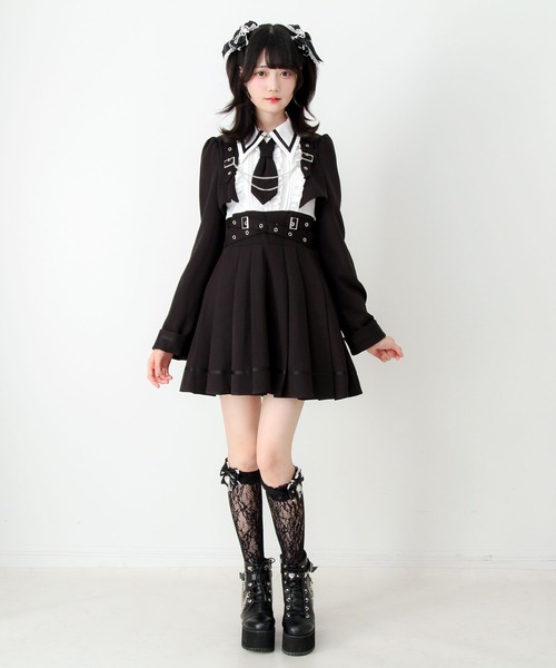 ジャケット風チェーンネクタイベルトプリーツワンピース 地雷系 サブカル ゴシック DearMyLove ワンピース ジャケット風チェーンネクタイベルトプリーツ