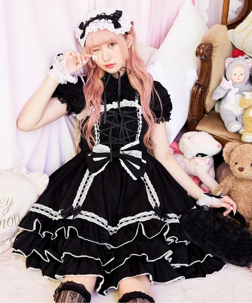 美品 BODYLINE ワンピース ジャンパースカート ロリータ 2L XL BODYLINE ワンピース レースアップリボンフリルジャンパースカート