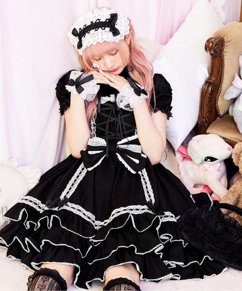 BODYLINE ワンピース 半袖 レースアップリボンフリルジャンパー