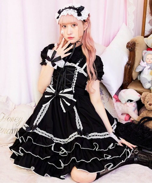 BODYLINE ワンピース 半袖 レースアップリボンフリルジャンパー