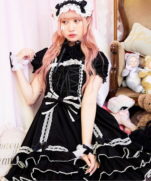 BODYLINE ワンピース 半袖 レースアップリボンフリルジャンパー