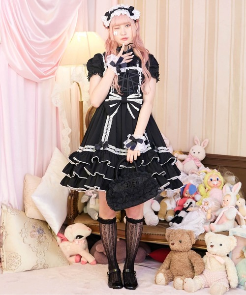 BODYLINE ワンピース 半袖 レースアップリボンフリルジャンパー
