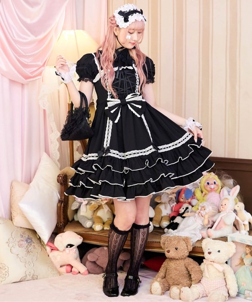 BODYLINE ワンピース レースアップリボンフリルジャンパースカート
