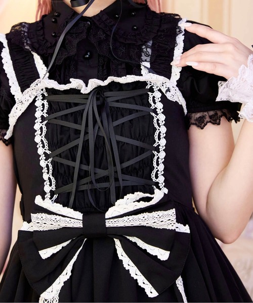 BODYLINE ワンピース レースアップリボンフリルジャンパースカート