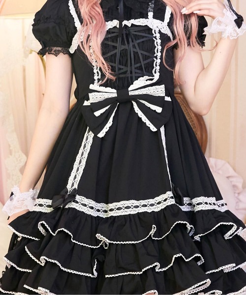 BODYLINE ワンピース 半袖 レースアップリボンフリルジャンパー