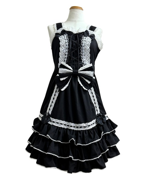 BODYLINE ワンピース 半袖 レースアップリボンフリルジャンパー