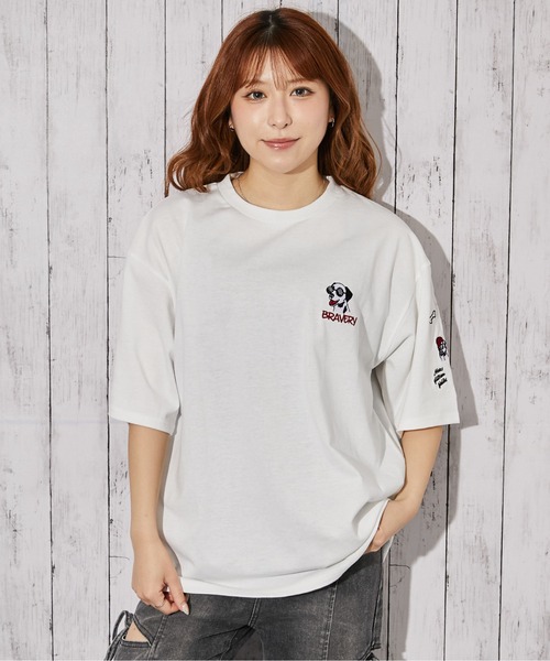 tシャツ 半袖 「ドッグ刺繍×袖刺繍デザイン」Tシャツ／ストリート／春