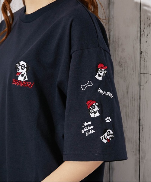 tシャツ 半袖 「ドッグ刺繍×袖刺繍デザイン」Tシャツ／ストリート／春