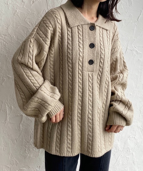 She's Closet ニット セーター ケーブルアラン編み襟付きヘンリー