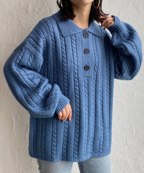 She's Closet ニット セーター ケーブルアラン編み襟付きヘンリー