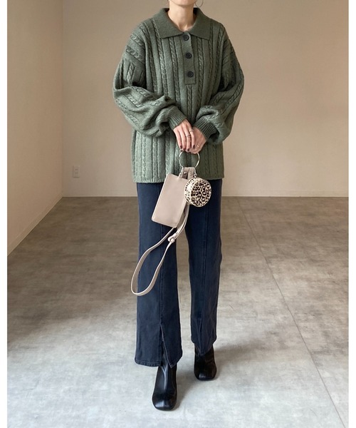 ニット セーター (GENE HEAVENS)コンチョボタン モコモコ ヘンリーネックトップス レディース She's Closet ニット セーター ケーブルアラン編み襟付き