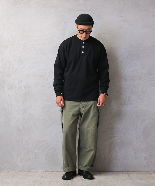 【関税込み】We11done ブルー コットン ヘンリーネック Goodwear】USAコットン袖リブヘンリーネックBIGロンT｜メンズ