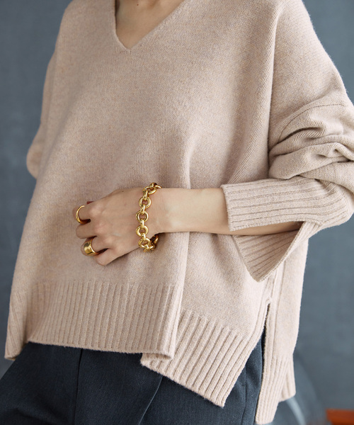 「VERMEIL par iena」 Vネックニット 38 ベージュ レディース イタリア糸 RIB Vネックプルオーバー（ニット／セーター