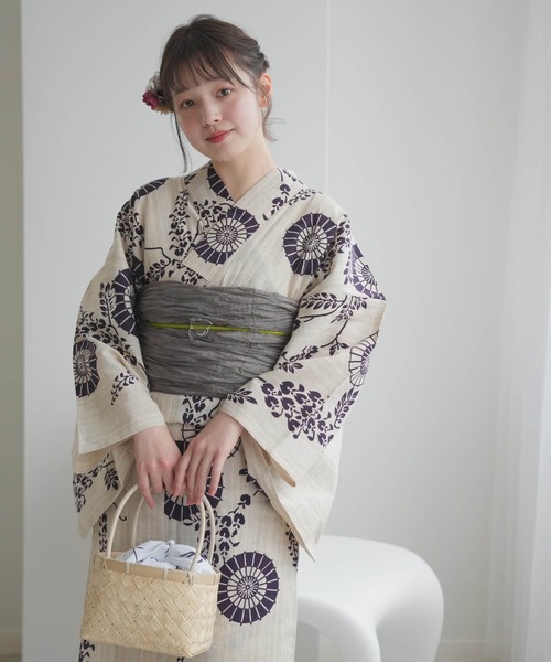 ✦✦ゆき✦✦ 新品 東京本染め 注染 浴衣 しじら織 芙蓉柄 綿麻 utatane 浴衣 手染め注染浴衣3点セット utatane×注染工房 等間し