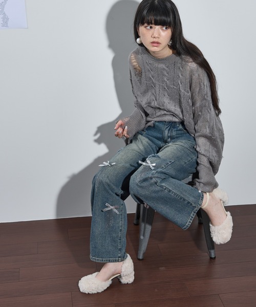 THE Yon ジーンズ デニム デニムパンツ リボンモチーフダメージデニム
