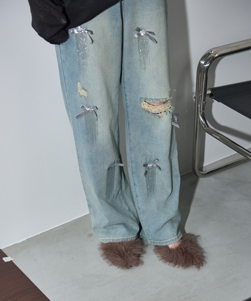 THE Yon パンツ デニム ジーンズ リボンモチーフダメージデニムパンツ 