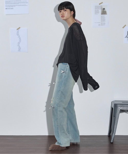 THE Yon ジーンズ デニム デニムパンツ リボンモチーフダメージデニム